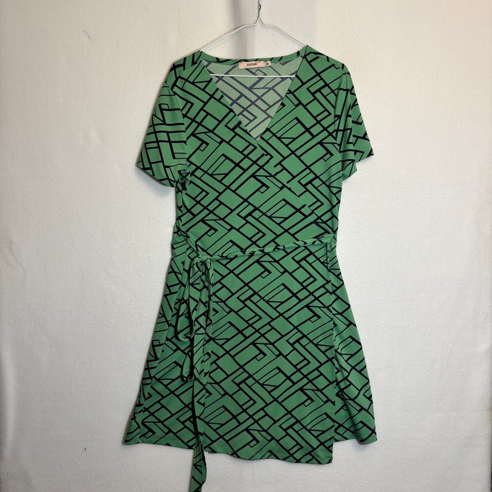 JustFab Womens Green Black Geometric Maze Print Wrap Dress Size L Short Sleeve